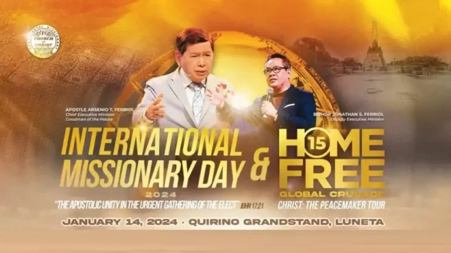 A massive crowd gathered at the Quirino Grandstand in Luneta Park during the International Missionary Day and Home Free Global Crusade, participating in worship, performances, and listening to a message by Jonathan S. Ferriol.