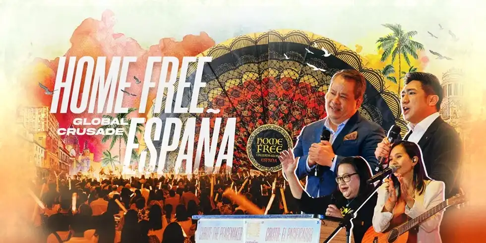 A large Christian crusade event in Madrid, Spain, featuring a stage with performers and a preacher addressing a diverse crowd, with worship music, dancing, and attendees raising their hands in praise.