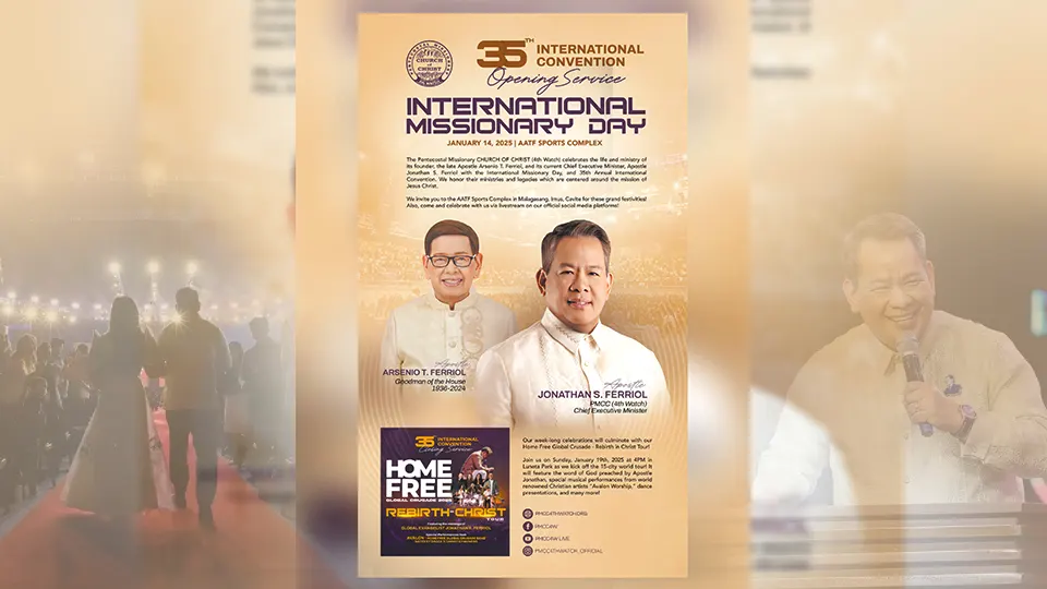 Promotional poster for the 35th PMCC 4th Watch International Convention and International Missionary Day, featuring images of Apostle Arsenio T. Ferriol and Apostle Jonathan S. Ferriol, with event details and the Home Free: Rebirth in Christ tour announcement.