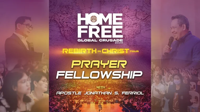 Apostle Jonathan Ferriol leading the Home Free Global Crusade 2025 Prayer Fellowship at PMCC 4th Watch Marikina Worship Hall, with global church leaders and congregants in attendance.