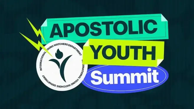 A large gathering of young people at a church summit, featuring a stage with speakers, praise and worship performances, group activities, and attendees actively participating in sessions and fellowship.