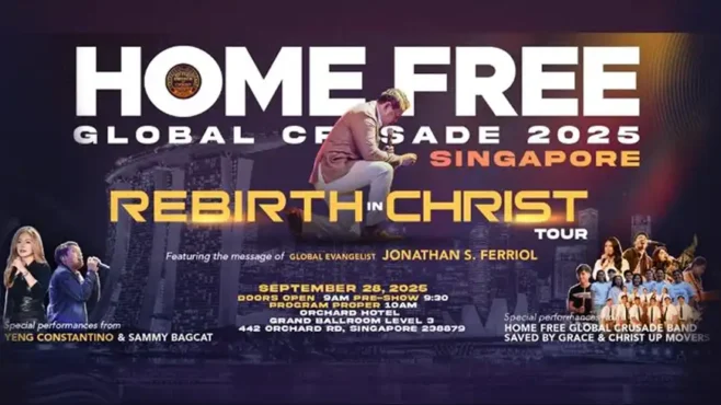 Thousands worship during the Home Free Global Crusade 2025 Singapore at Orchard Hotel Grand Ballroom, witnessing a powerful move of God.