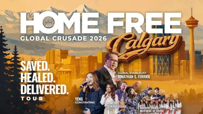 Thousands gather at the WinSport Event Centre during Home Free Global Crusade Calgary 2026, worshiping God and responding to the message of salvation, healing, and deliverance.