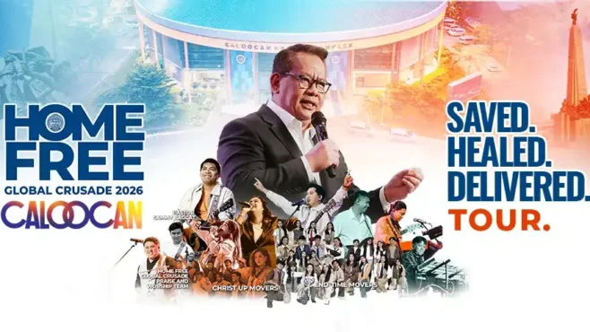 Home Free Global Crusade Caloocan 2026 gathers 7,500 attendees at the Caloocan Sports Complex as Apostle Jonathan S. Ferriol preaches the Gospel, leading thousands to accept Jesus Christ and receive water baptism.